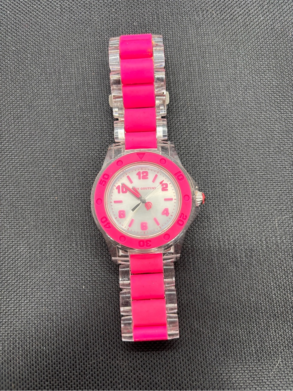 Juicy Couture Hot Pink and Clear Link Bracelet Watch with Large Face
